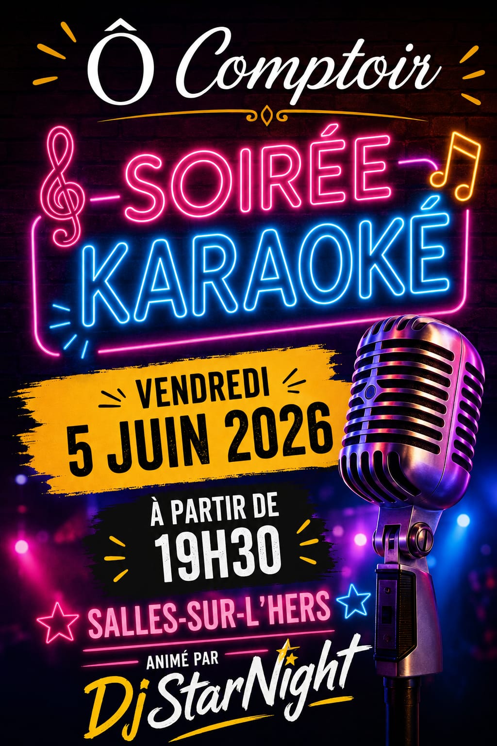 Affiche pour l'événement Soirée Karaoké organisé par Ô Comptoir